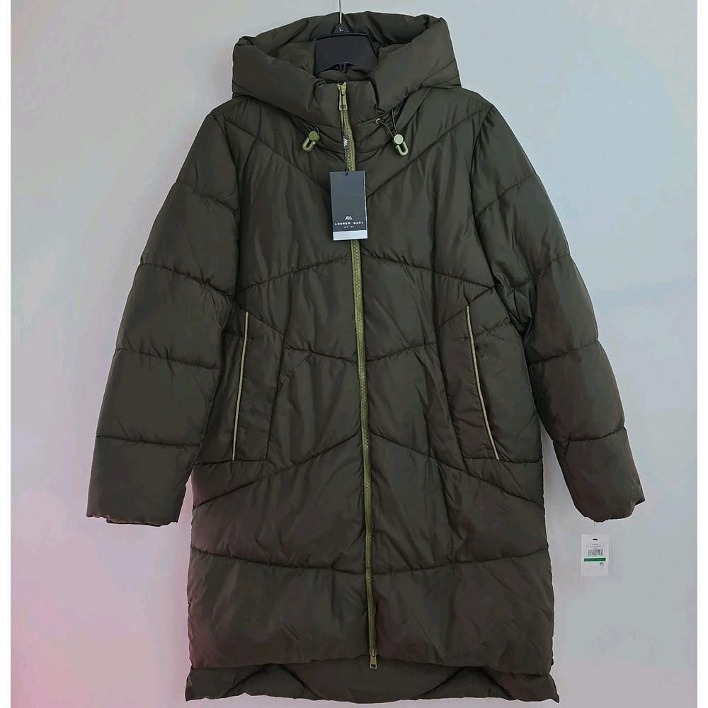NWT Andrew Marc Puffer Coat Women's L Dark Green Hooded Full-Zip Insulated